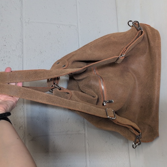 Nortani Brown Suede Leather Shoulder Bag, Convertible Hobo, NWT - Picture 2 of 10
